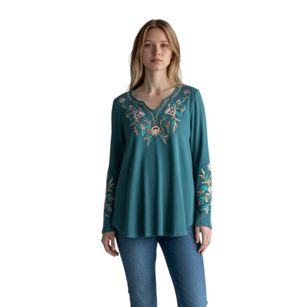 Soft Surroundings Thermal Floral Boho Embroidered Top